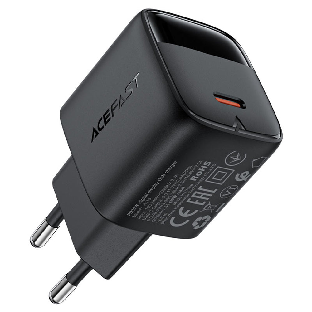Sieťová nabíjačka s káblom USB-C Acefast A115 Display, 30W, 3A, 1 x USB-C, Čierna