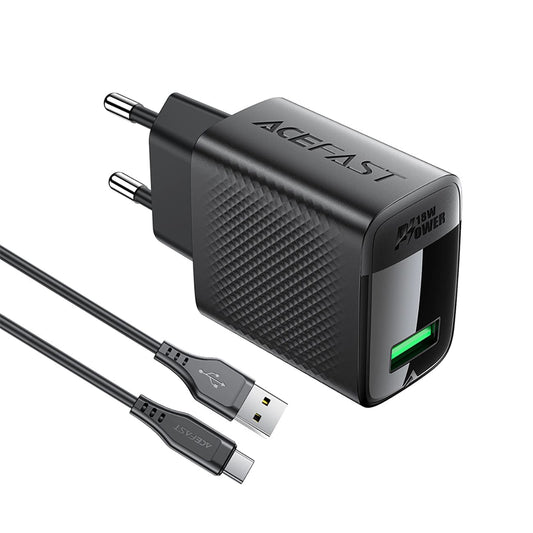 Sieťová nabíjačka s káblom USB-C Acefast A90, 18W, 3A, 1 x USB-A, čierna