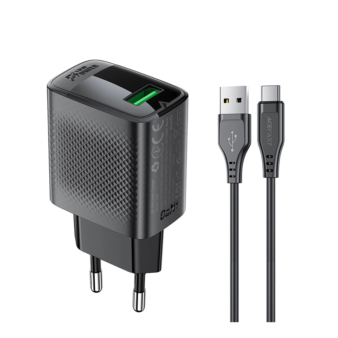 Sieťová nabíjačka s káblom USB-C Acefast A90, 18W, 3A, 1 x USB-A, čierna
