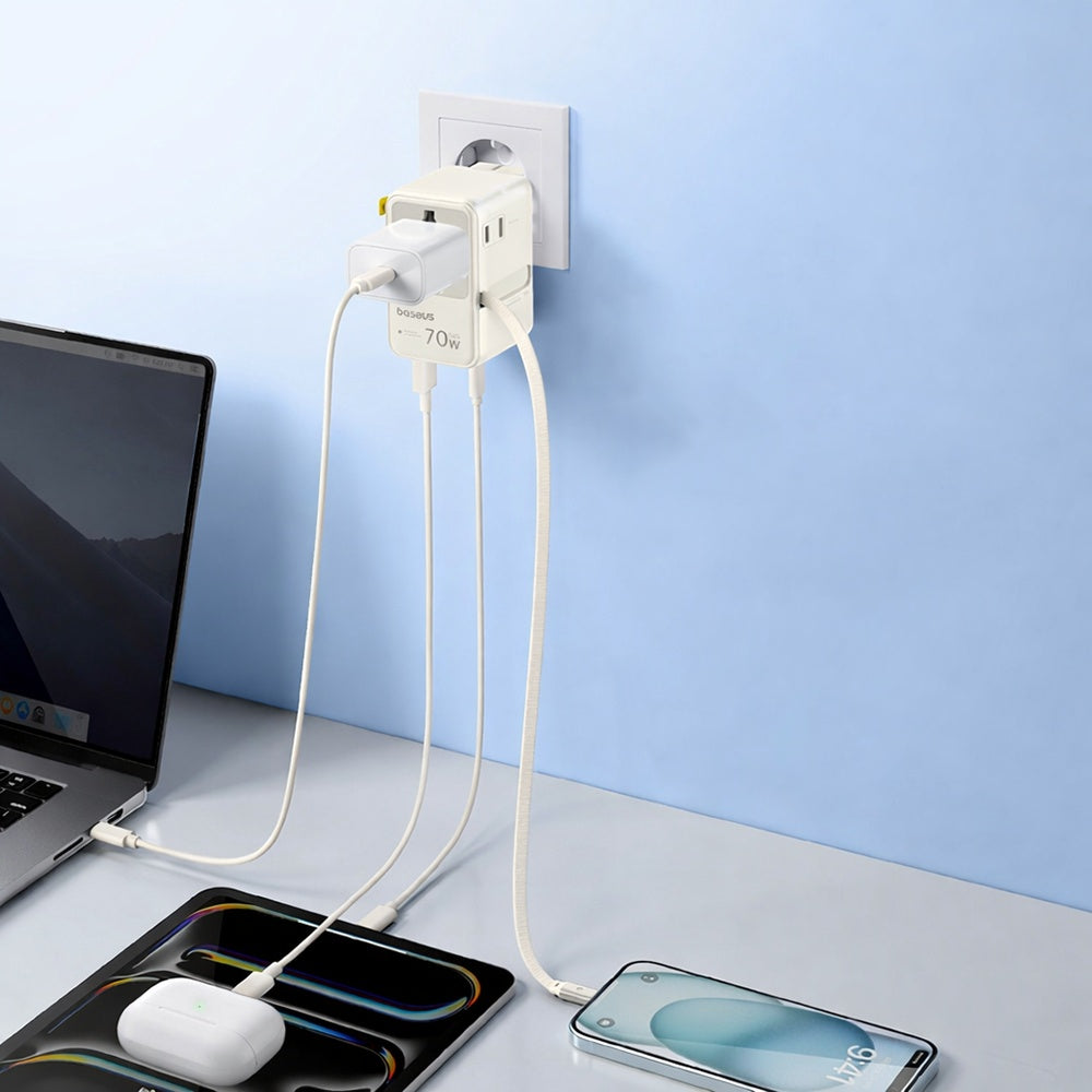 Sieťová nabíjačka s USB-C káblom Baseus Travel EnerCore CG11, 70W, 2 x zásuvka - 1 x USB-C - 2 x USB-A, biela E0307E01