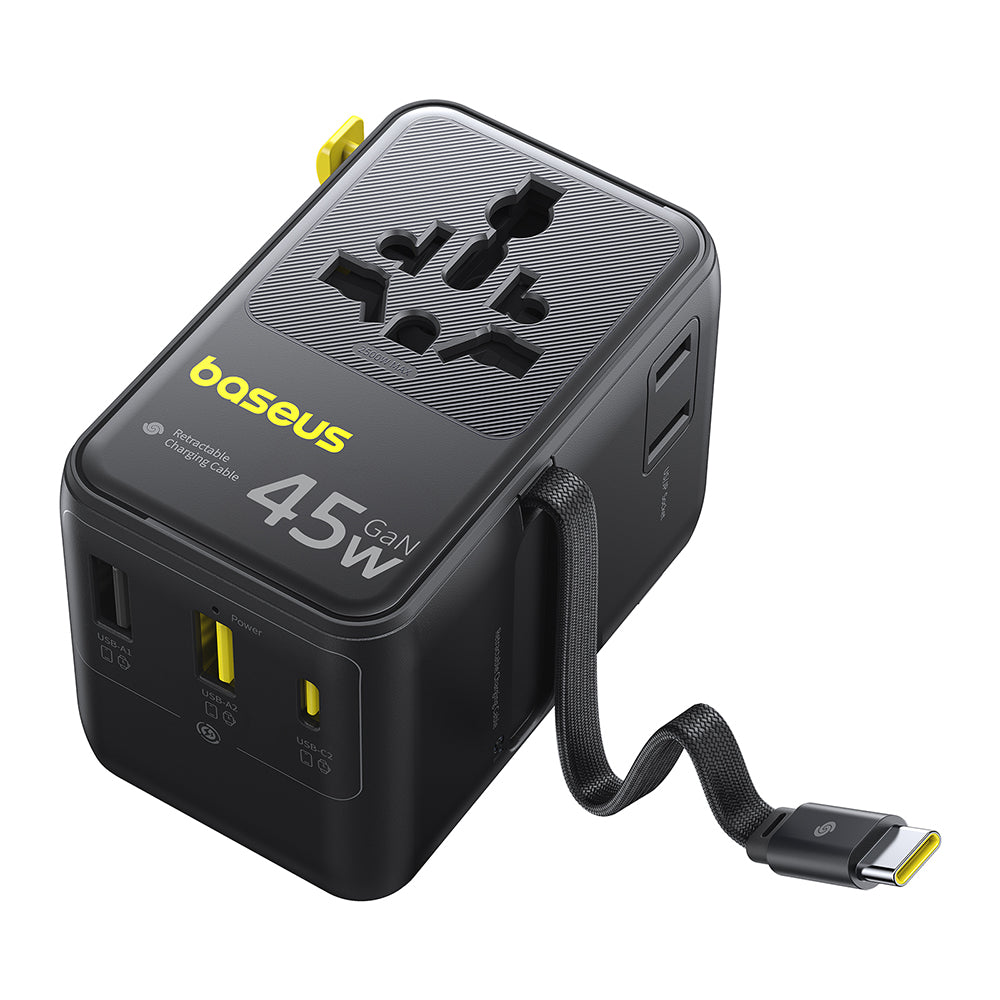 Sieťová nabíjačka s USB-C káblom Baseus Travel PicoGo AG11, 45W, 2 x zásuvka - 1 x USB-C - 2 x USB-A, čierna E0307F00