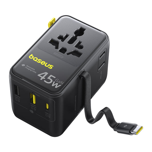 Sieťová nabíjačka s USB-C káblom Baseus Travel PicoGo AG11, 45W, 2 x zásuvka - 1 x USB-C - 2 x USB-A, čierna E0307F00