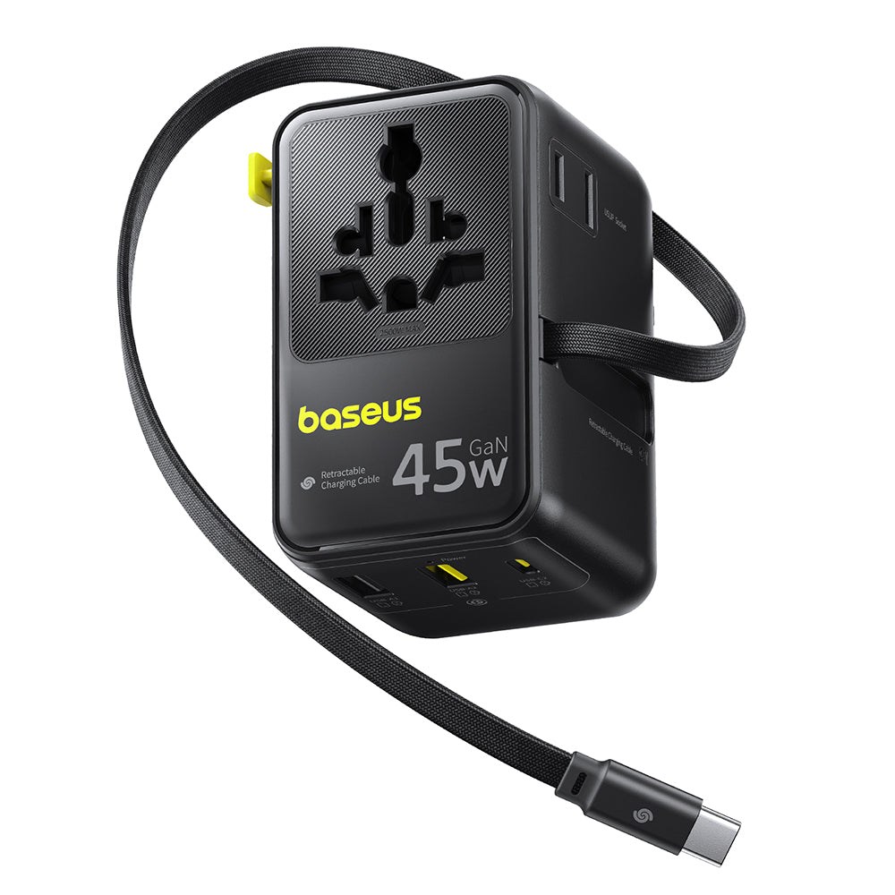 Sieťová nabíjačka s USB-C káblom Baseus Travel PicoGo AG11, 45W, 2 x zásuvka - 1 x USB-C - 2 x USB-A, čierna E0307F00