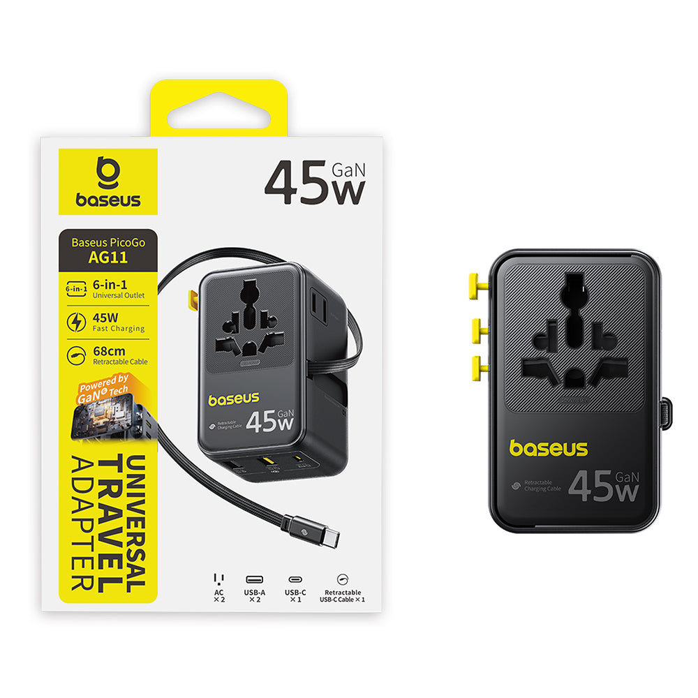 Sieťová nabíjačka s USB-C káblom Baseus Travel PicoGo AG11, 45W, 2 x zásuvka - 1 x USB-C - 2 x USB-A, čierna E0307F00
