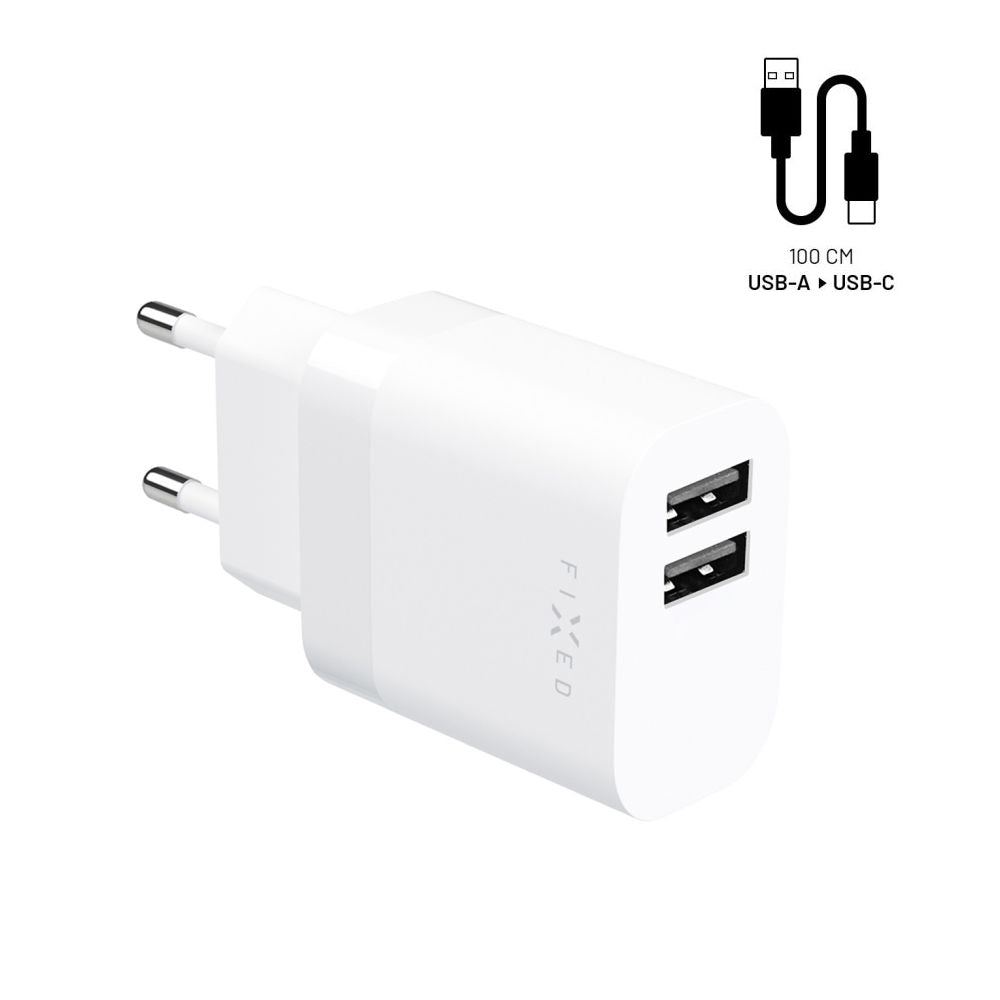 Sieťová nabíjačka s káblom USB-C Fixed, 17W, 3A, 2 x USB-A, Biela