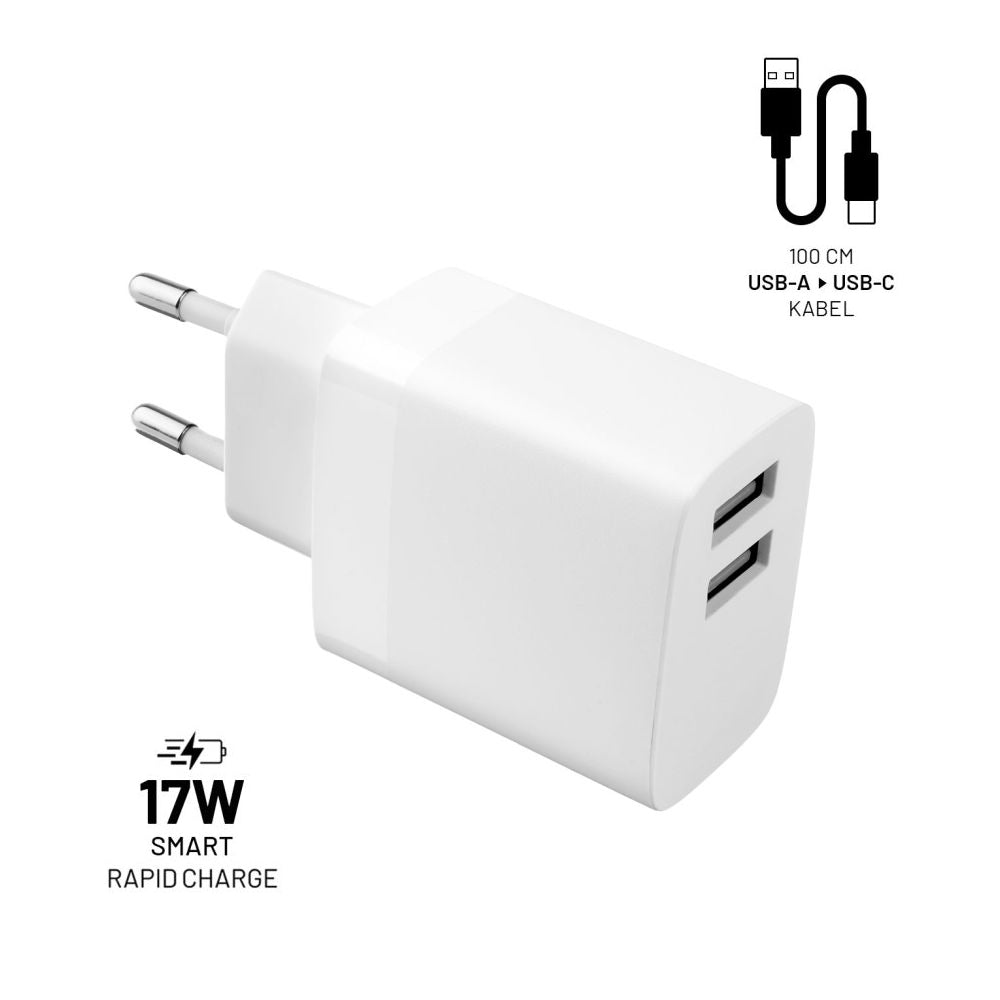 Sieťová nabíjačka s káblom USB-C Fixed, 17W, 3A, 2 x USB-A, Biela