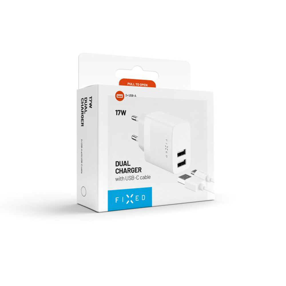 Sieťová nabíjačka s káblom USB-C Fixed, 17W, 3A, 2 x USB-A, Biela
