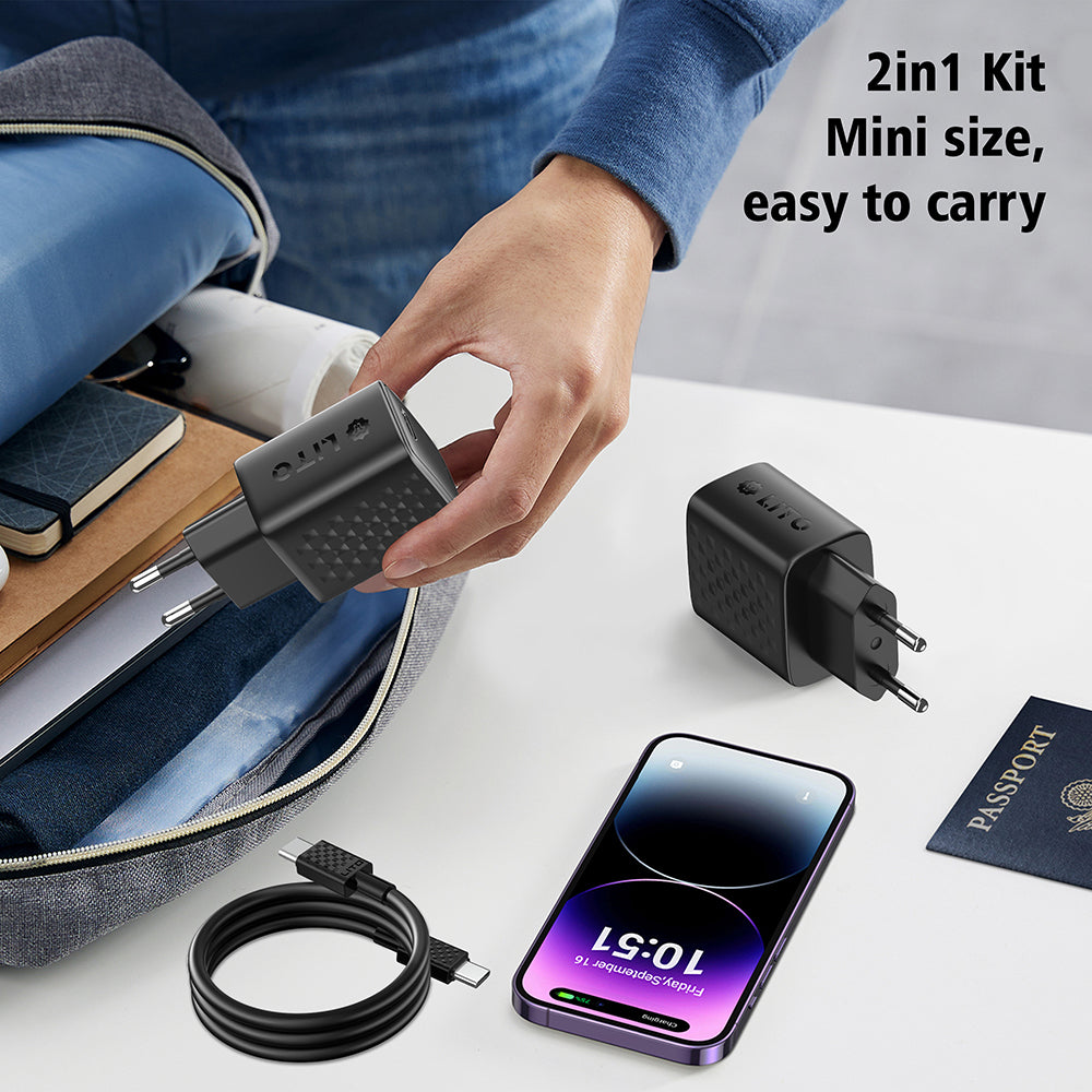 Sieťová nabíjačka s káblom USB-C Lito LC13T, 20W, 3A, 1 x USB-C, Čierna