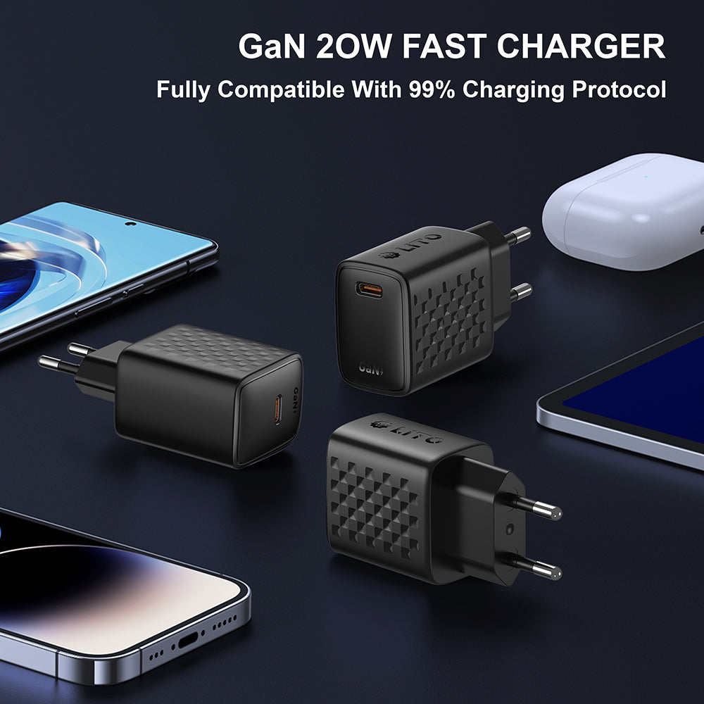 Sieťová nabíjačka s káblom USB-C Lito LC13T, 20W, 3A, 1 x USB-C, Čierna