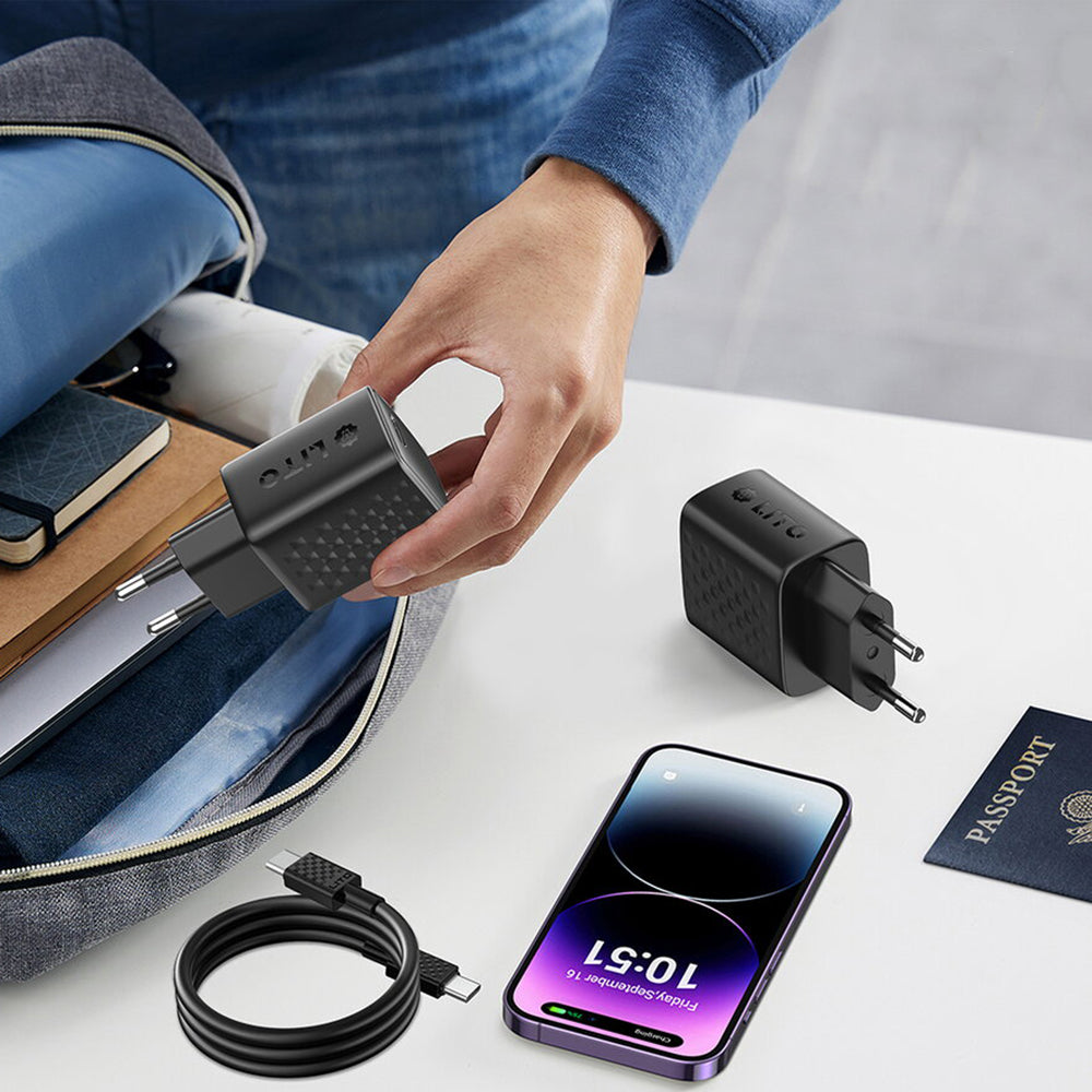 Network Charger with USB-C Cable Lito LC25T, 65W, 3.25A, 1 x USB-A - 2 x USB-C, Black