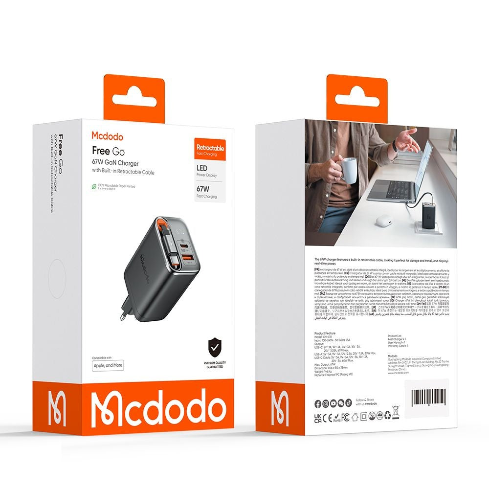 Sieťová nabíjačka s káblom USB-C McDodo CH-4100 FreeGo Display, 67W, 3.35A, 1 x USB-A - 1 x USB-C, čierna