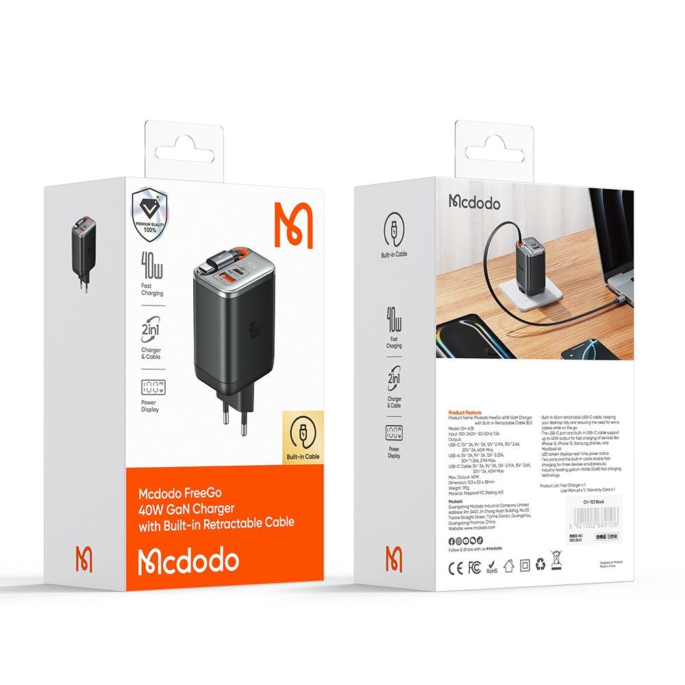 Sieťová nabíjačka s káblom USB-C McDodo CH-4281 FreeGo Display, 40W, 3A, 1 x USB-A - 1 x USB-C, čierna