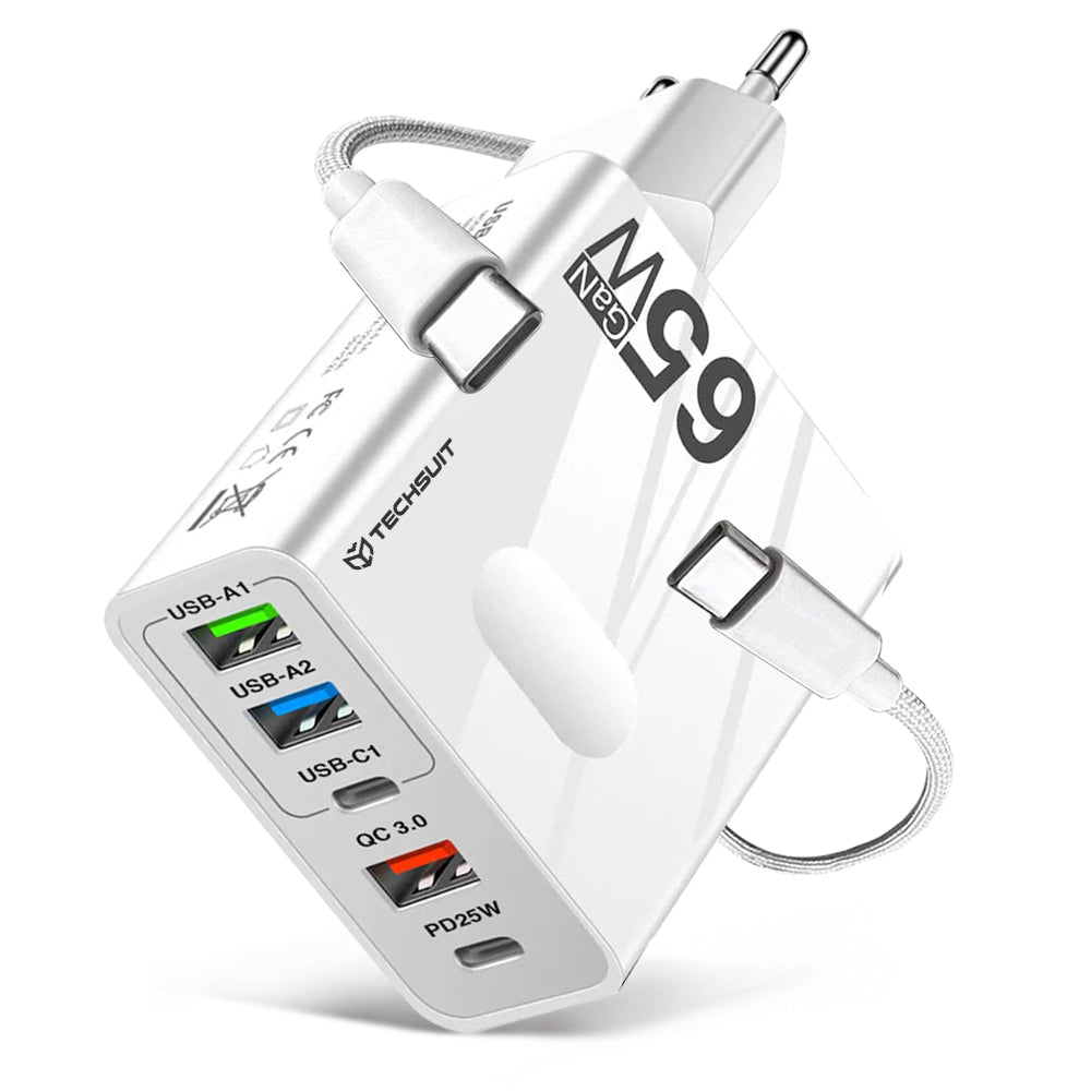 Sieťová nabíjačka s káblom USB-C Techsuit CHC1 PentaXPower, 25W, 3A, 3 x USB-A - 2 x USB-C, Biela