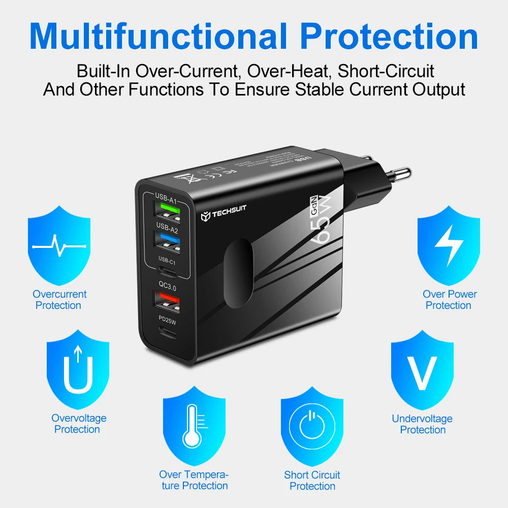 Sieťová nabíjačka s káblom USB-C Techsuit CHC1 PentaXPower, 25W, 3A, 3 x USB-A - 2 x USB-C, Biela