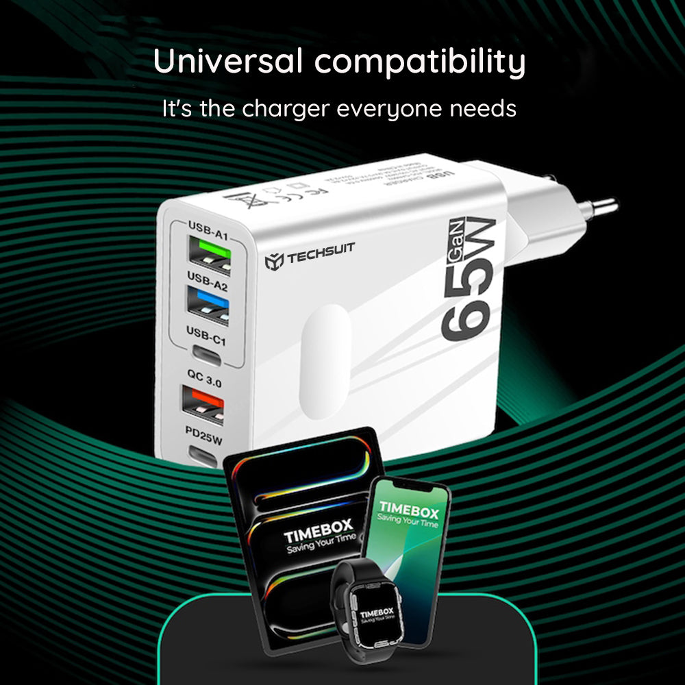 Sieťová nabíjačka s káblom USB-C Techsuit CHC1 PentaXPower, 25W, 3A, 3 x USB-A - 2 x USB-C, čierna