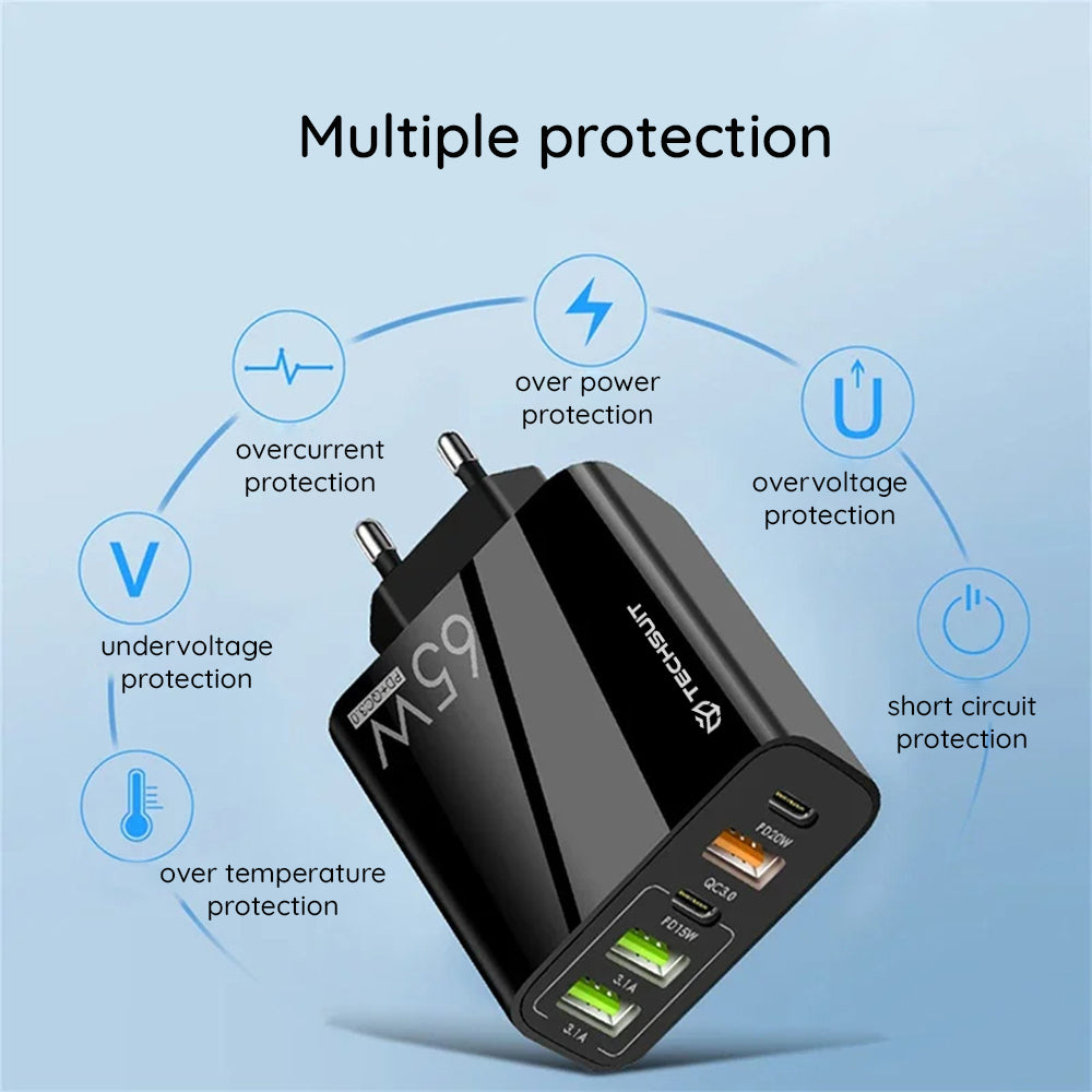 Sieťová nabíjačka s káblom USB-C Techsuit CHC2 PentaXPower, 20W, 3A, 3 x USB-A - 2 x USB-C, Biela