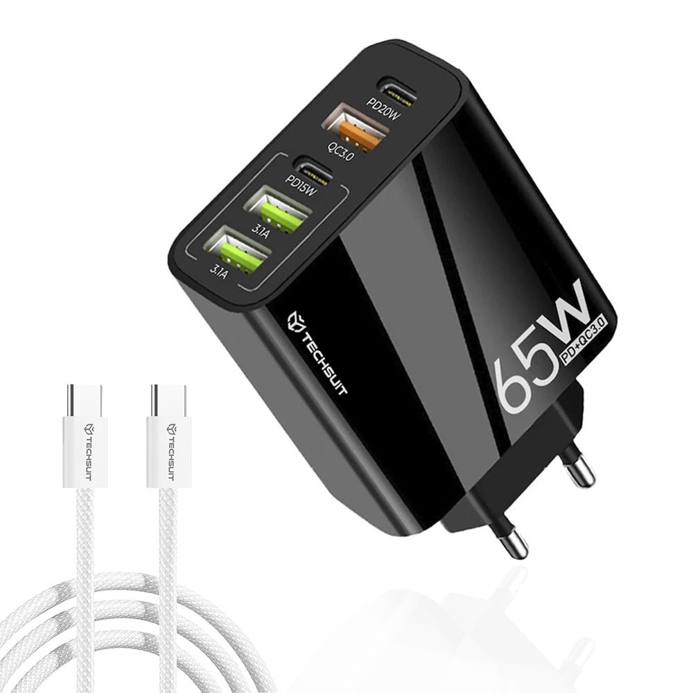 Sieťová nabíjačka s káblom USB-C Techsuit CHC2 PentaXPower, 20W, 3A, 3 x USB-A - 2 x USB-C, čierna