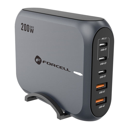 Nabíjacia stanica Forcell F-ENERGY GaN III VT-51, 200 W, 5 A, 2 x USB-A - 3 x USB-C, sivá