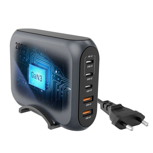 Nabíjacia stanica Forcell F-ENERGY GaN III VT-51, 200 W, 5 A, 2 x USB-A - 3 x USB-C, sivá