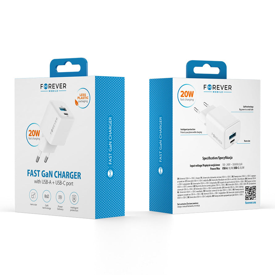 Sieťová nabíjačka Forever TC-08-20AC, 20W, 3A, 1 x USB-A - 1 x USB-C, Biela