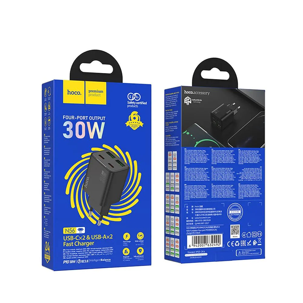 Sieťová nabíjačka HOCO N56, 30W, 3A, 2 x USB-A - 2 x USB-C, Čierna