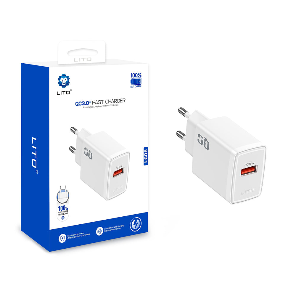 Sieťová nabíjačka Lito LC08, 18W, 3A, 1 x USB-A, Biela