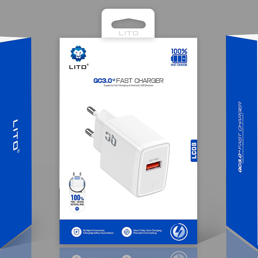 Sieťová nabíjačka Lito LC08, 18W, 3A, 1 x USB-A, Biela