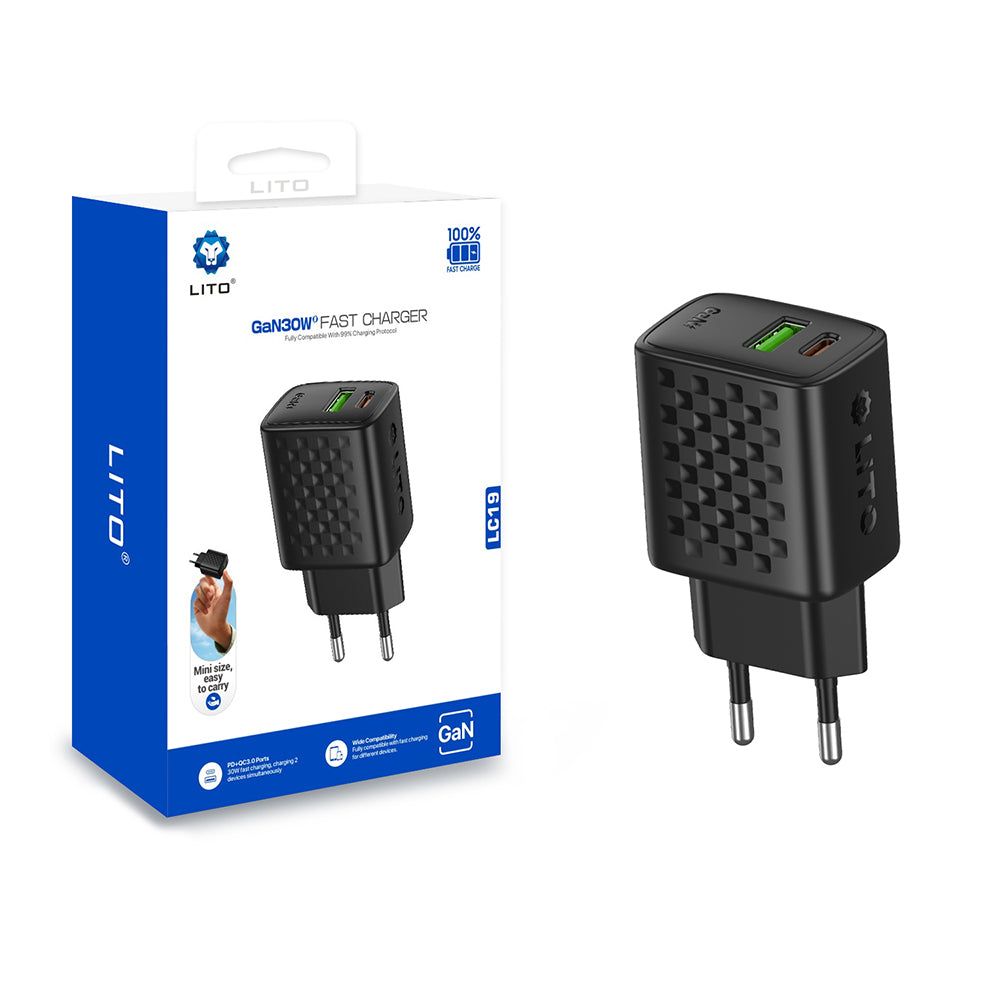 Sieťová nabíjačka Lito LC19, 30W, 3A, 1 x USB-A - 1 x USB-C, Čierna