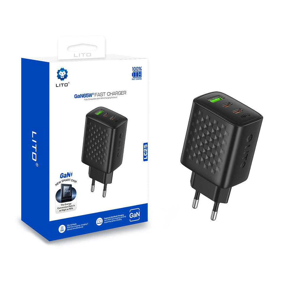 Sieťová nabíjačka Lito LC25, 65W, 3.25A, 1 x USB-A - 2 x USB-C, Čierna