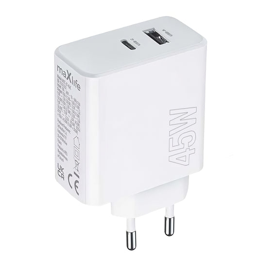 Sieťová nabíjačka MaXlife MXTC-07-45AC, 45 W, 3A, 1 x USB-A - 1 x USB-C, biela