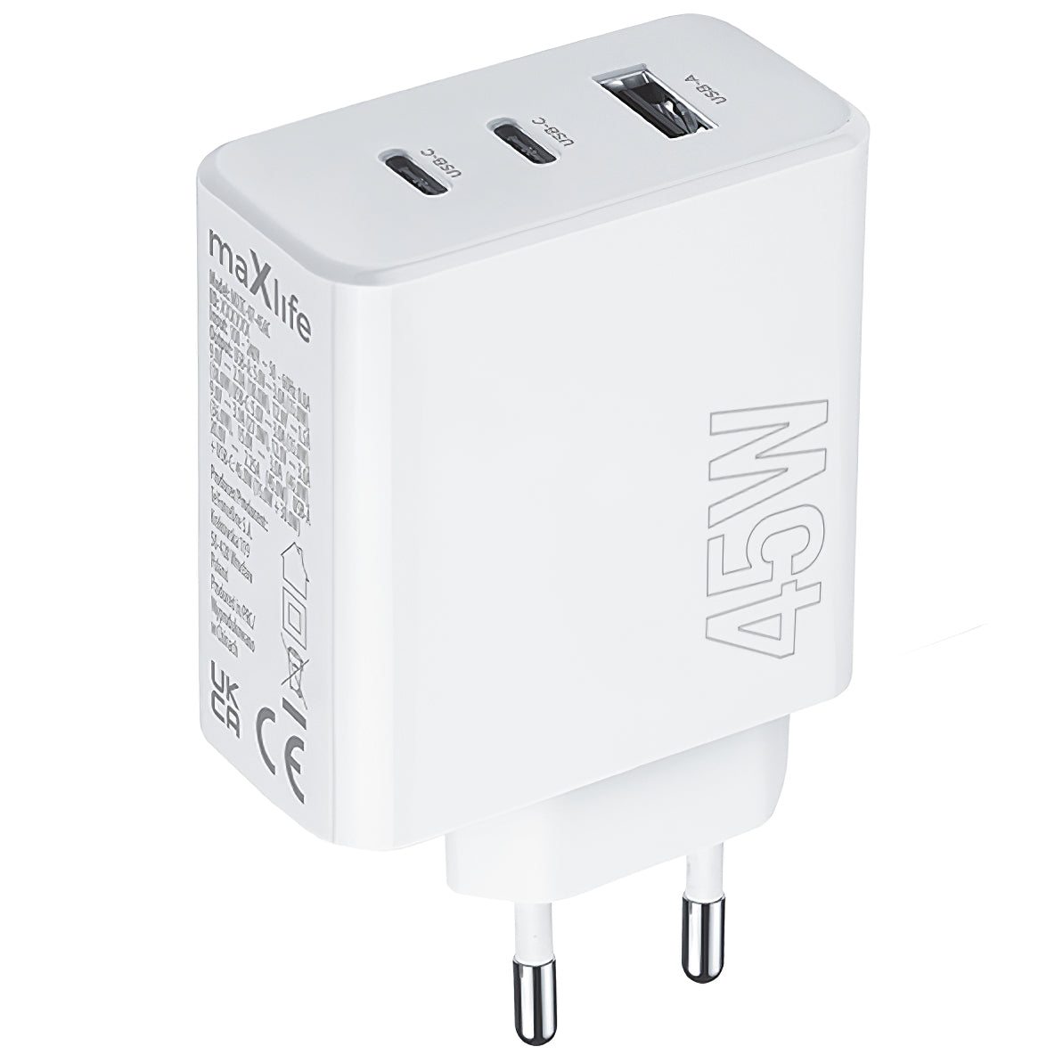 Sieťová nabíjačka MaXlife MXTC-07-45ACC, 45 W, 3A, 1 x USB-A - 2 x USB-C, biela