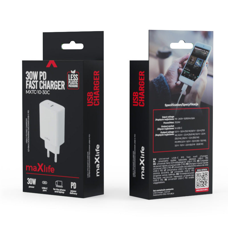 Sieťová nabíjačka MaXlife MXTC-10-30C, 30 W, 3A, 1 x USB-C, biela