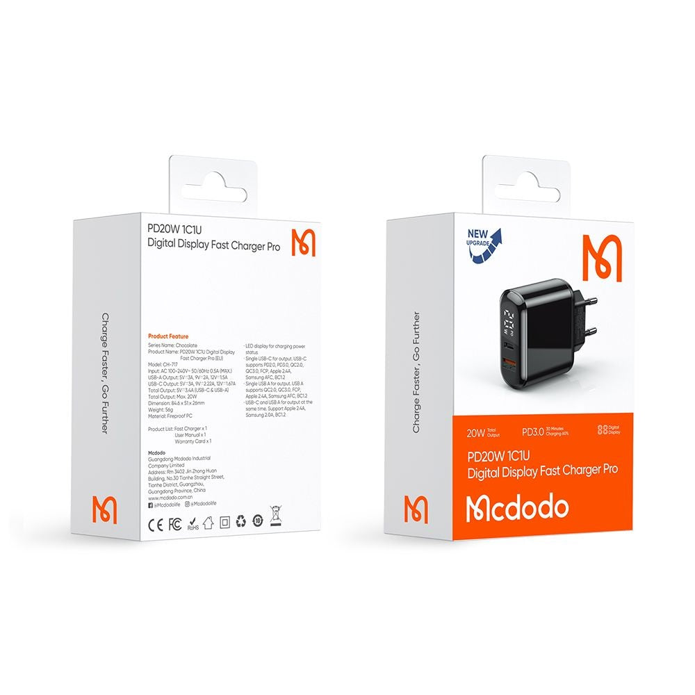 Sieťová nabíjačka McDodo CH-7170 Chocolate Display, 20W, 3A, 1 x USB-A - 1 x USB-C, Čierna