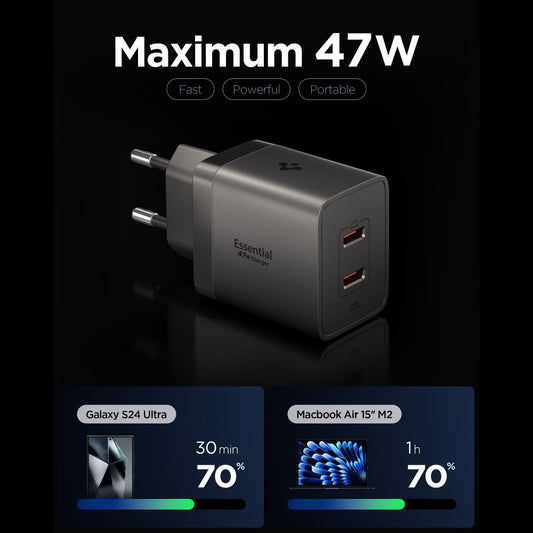 Sieťová nabíjačka Spigen EE472EU Essential, 47W, 3A, 2 x USB-C, sivá ACH10450