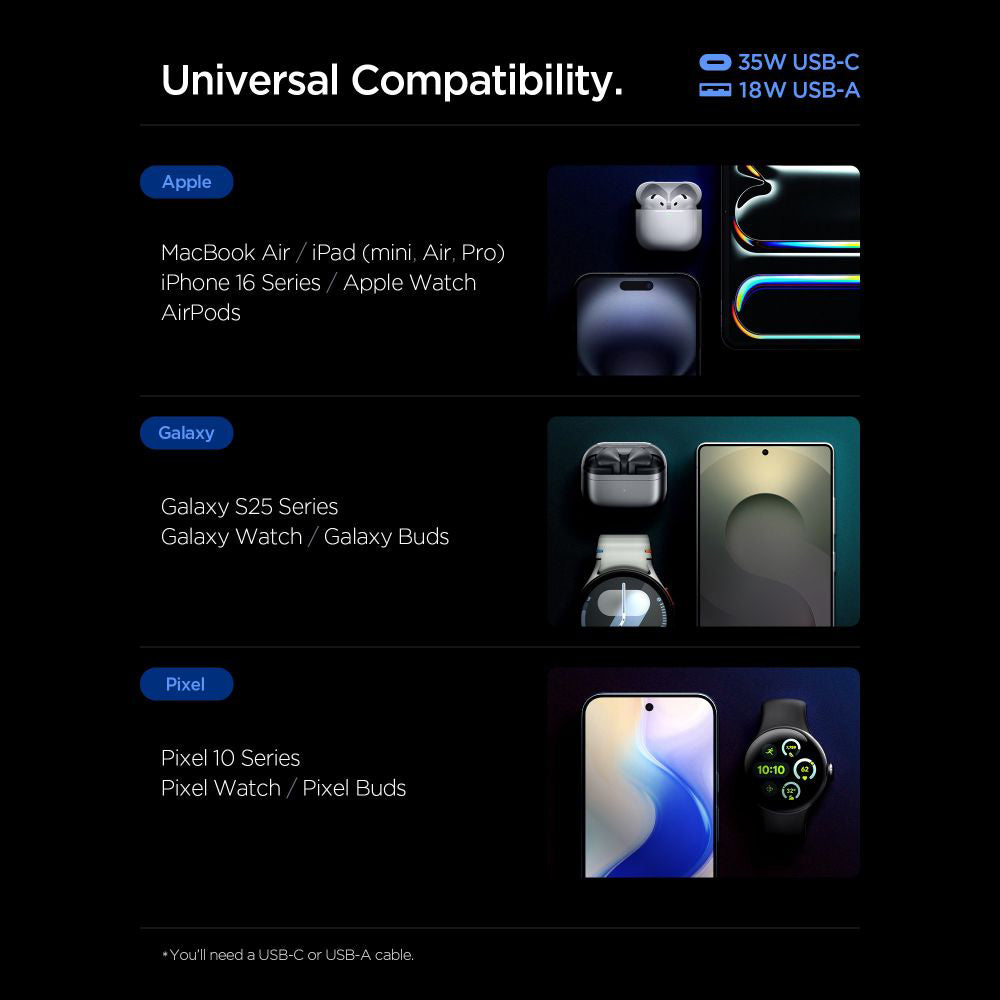 Sieťová nabíjačka Spigen Essential, 35W, 3A, 1 x USB-A - 1 x USB-C, Čierna