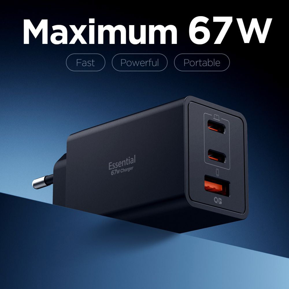 Sieťová nabíjačka Spigen Essential, 67W, 3.25A, 1 x USB-A - 2 x USB-C, Čierna