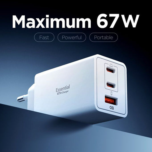 Sieťová nabíjačka Spigen Essential, 67W, 3.25A, 1 x USB-A - 2 x USB-C, Biela ACH08710