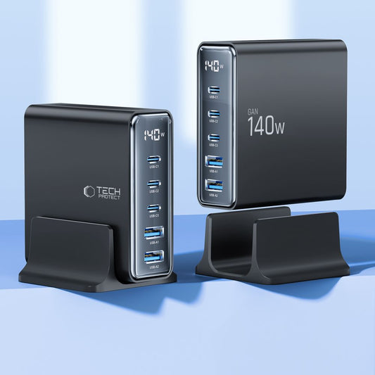 Tech-Protect DC140W Station Charger DC140W, 140 W, 3A, 2 x USB-A - 3 x USB-C, čierna