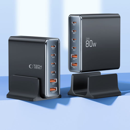 Tech-Protect DC80W Station Charger DC80W, 80W, 3A, 2 x USB-A - 4 x USB-C, čierna