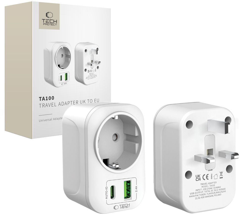 Sieťová nabíjačka Tech-Protect TA100 Travel UK, 20W, 3A, 1 x Schuko - 1 x USB-A - 1 x USB-C, Biela
