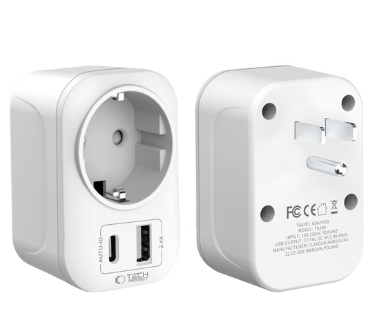 Sieťová nabíjačka Tech-Protect TA100 Travel US, 20W, 3A, 1 x Schuko - 1 x USB-A - 1 x USB-C, Biela