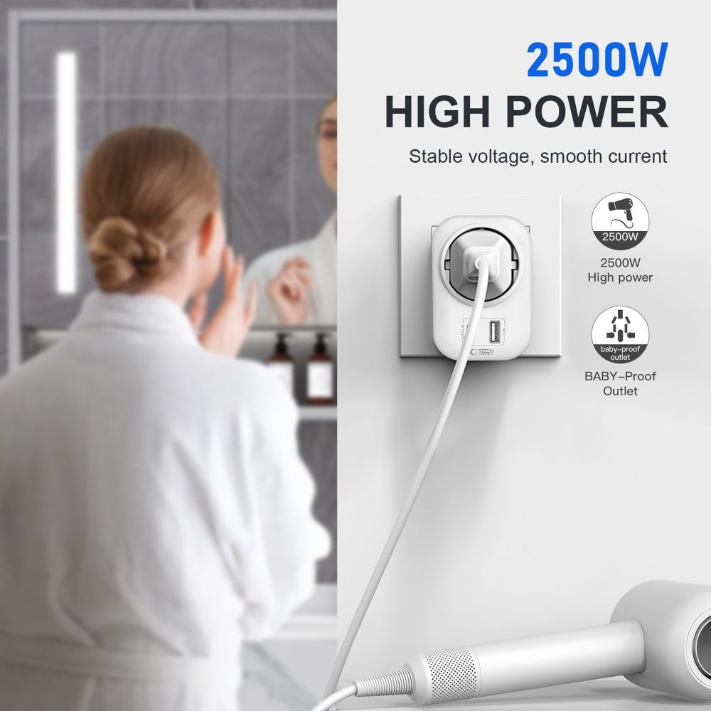 Sieťová nabíjačka Tech-Protect TA100 Travel UK, 20W, 3A, 1 x Schuko - 1 x USB-A - 1 x USB-C, Biela