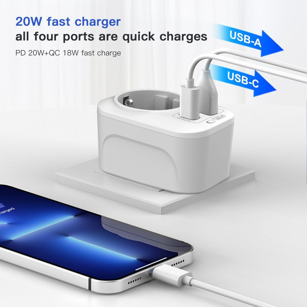 Sieťová nabíjačka Tech-Protect TA100 Travel UK, 20W, 3A, 1 x Schuko - 1 x USB-A - 1 x USB-C, Biela