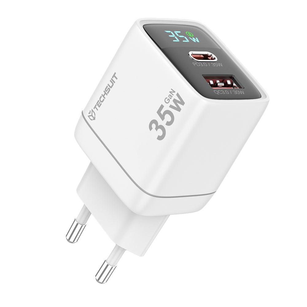 Sieťová nabíjačka Techsuit CH3 LEDChargX Display, 35W, 3A, 1 x USB-A - 1 x USB-C, Biela