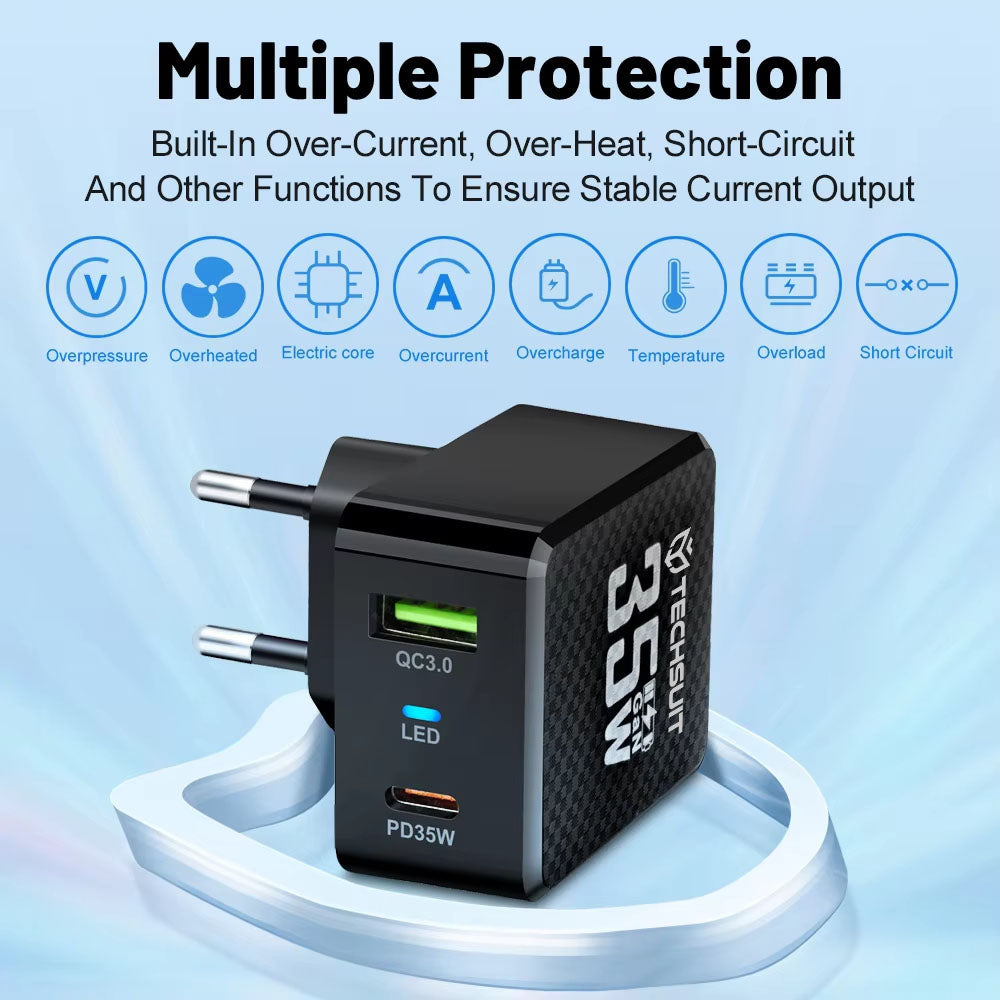 Sieťová nabíjačka Techsuit CHPD173 Tiny, 35W, 3A, 1 x USB-A - 1 x USB-C, čierna