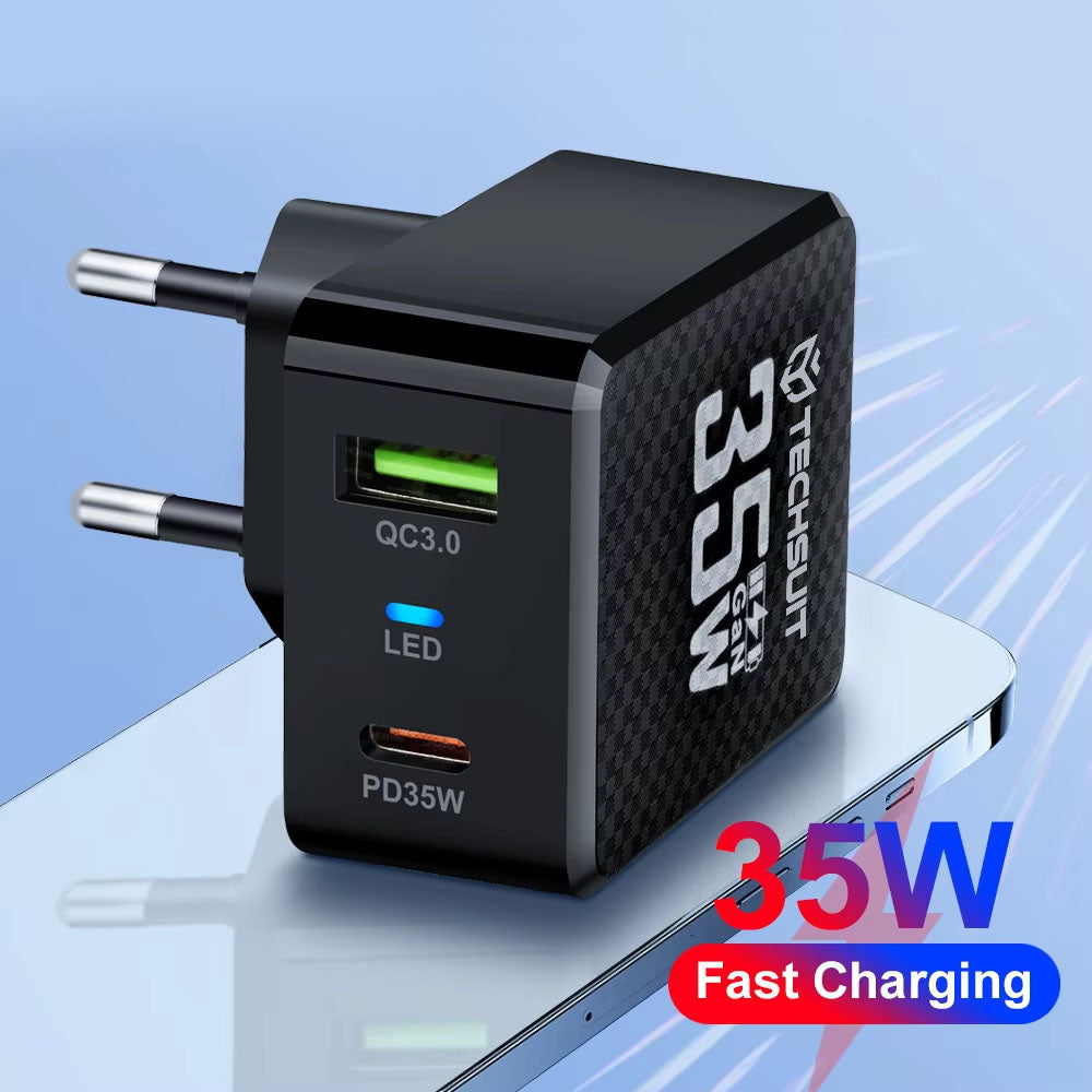 Sieťová nabíjačka Techsuit CHPD173 Tiny, 35W, 3A, 1 x USB-A - 1 x USB-C, čierna
