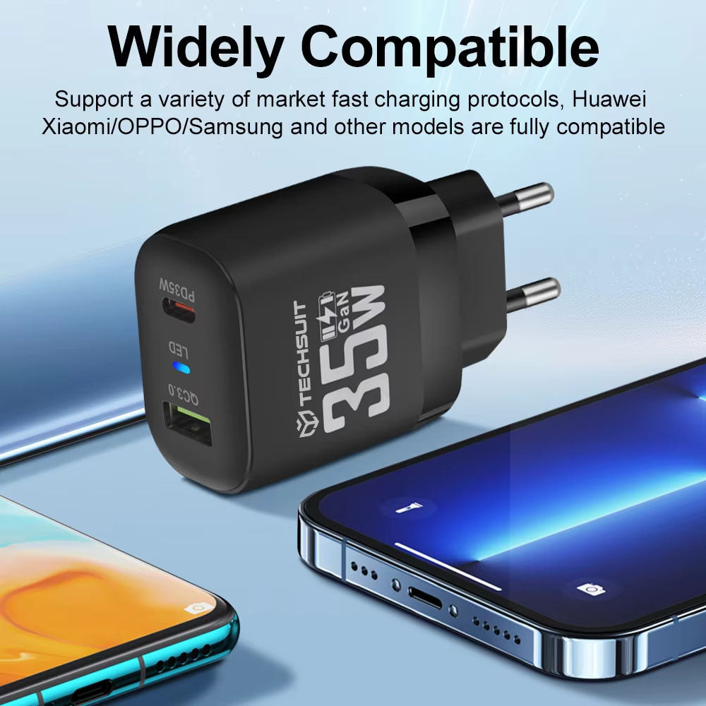 Sieťová nabíjačka Techsuit CHPD174, 35W, 3A, 1 x USB-A - 1 x USB-C, Biela