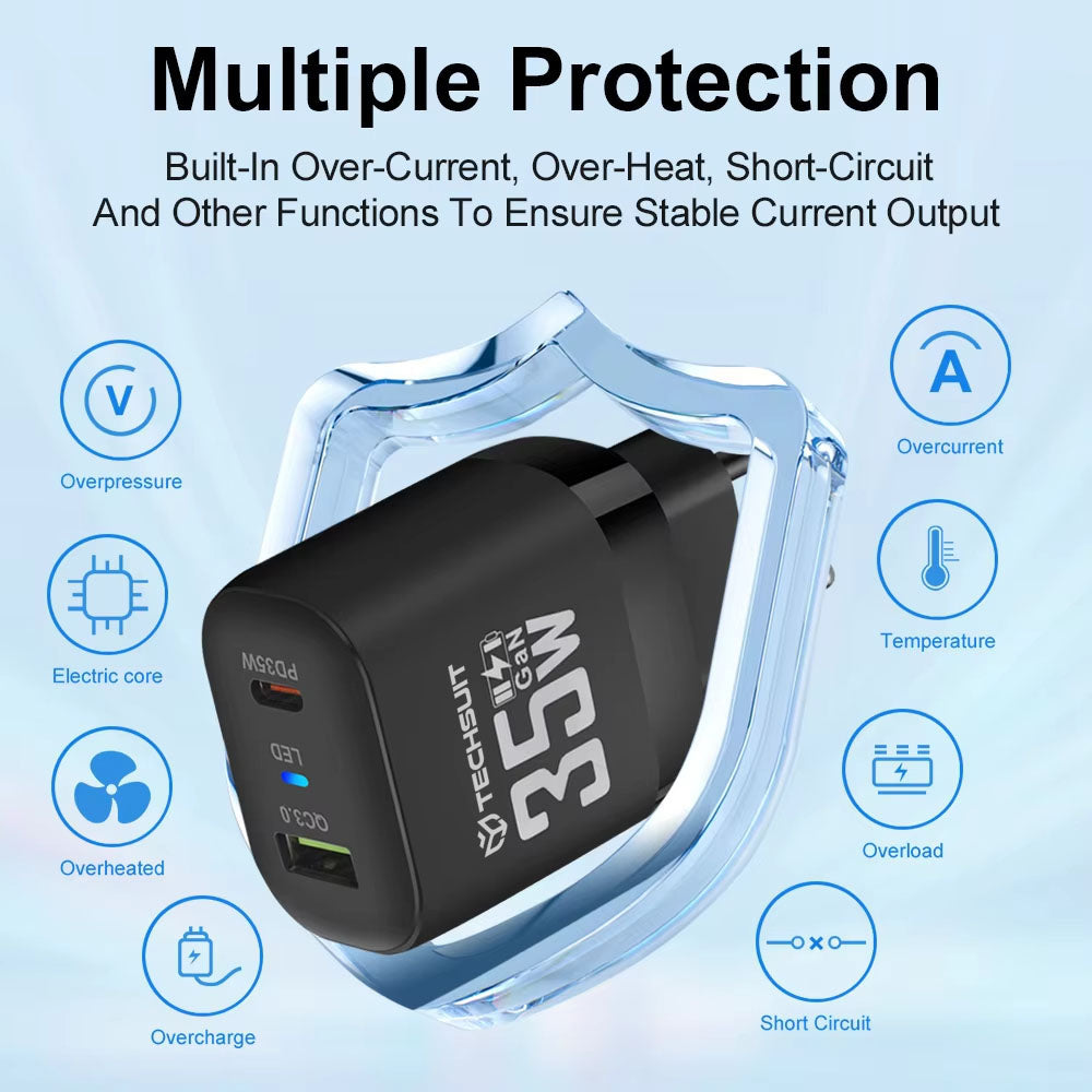 Sieťová nabíjačka Techsuit CHPD174, 35W, 3A, 1 x USB-A - 1 x USB-C, Čierna