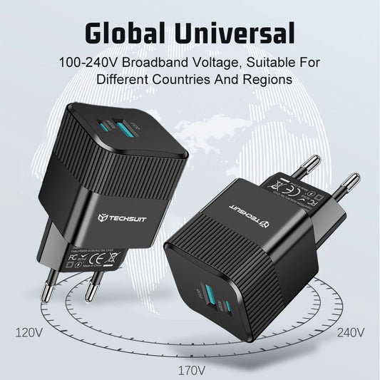 Sieťová nabíjačka Techsuit CHPD216 Tiny, 25W, 3A, 1 x USB-A - 1 x USB-C, Biela