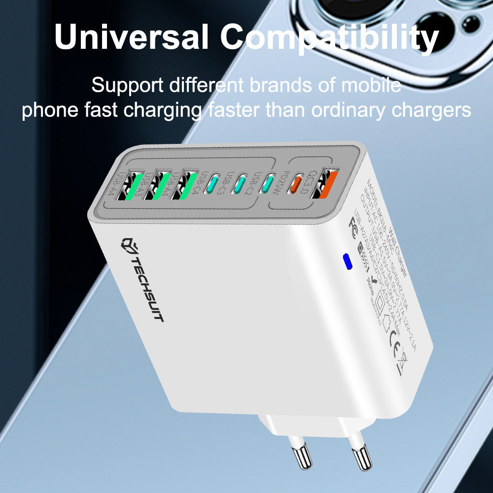 Sieťová nabíjačka Techsuit CHPD224, 65W, 3.25A, 4 x USB-A - 4 x USB-C, Biela